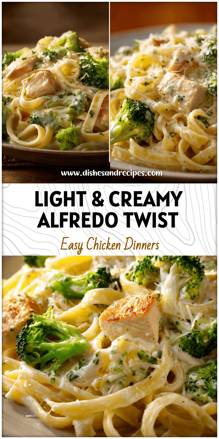 Plate of creamy light Chicken and Broccoli Alfredo fettuccini with tender chicken pieces and fresh broccoli florets.